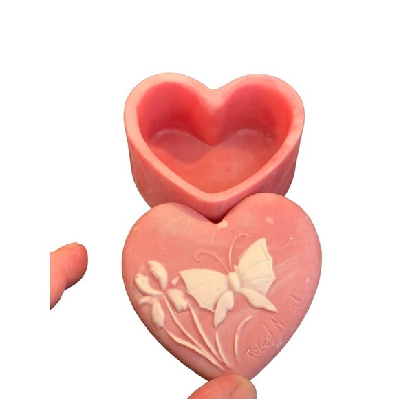 Vintage Robert Nemith Pink Soap Stone Incolay Butterfly Flowers Heart Box Signed - Picture 6 of 8